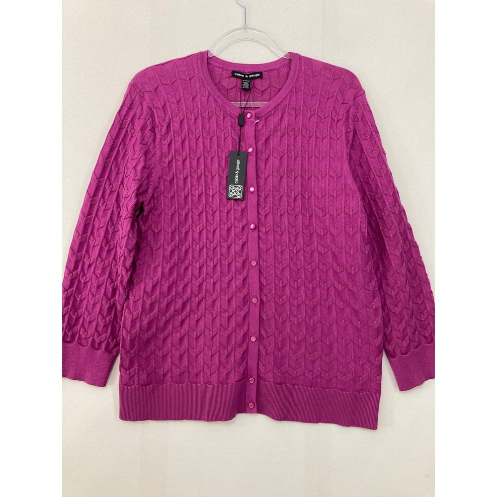 New Cable & Gauge Cardigan XL Magenta Pink Chevron Knit Button Front Preppy